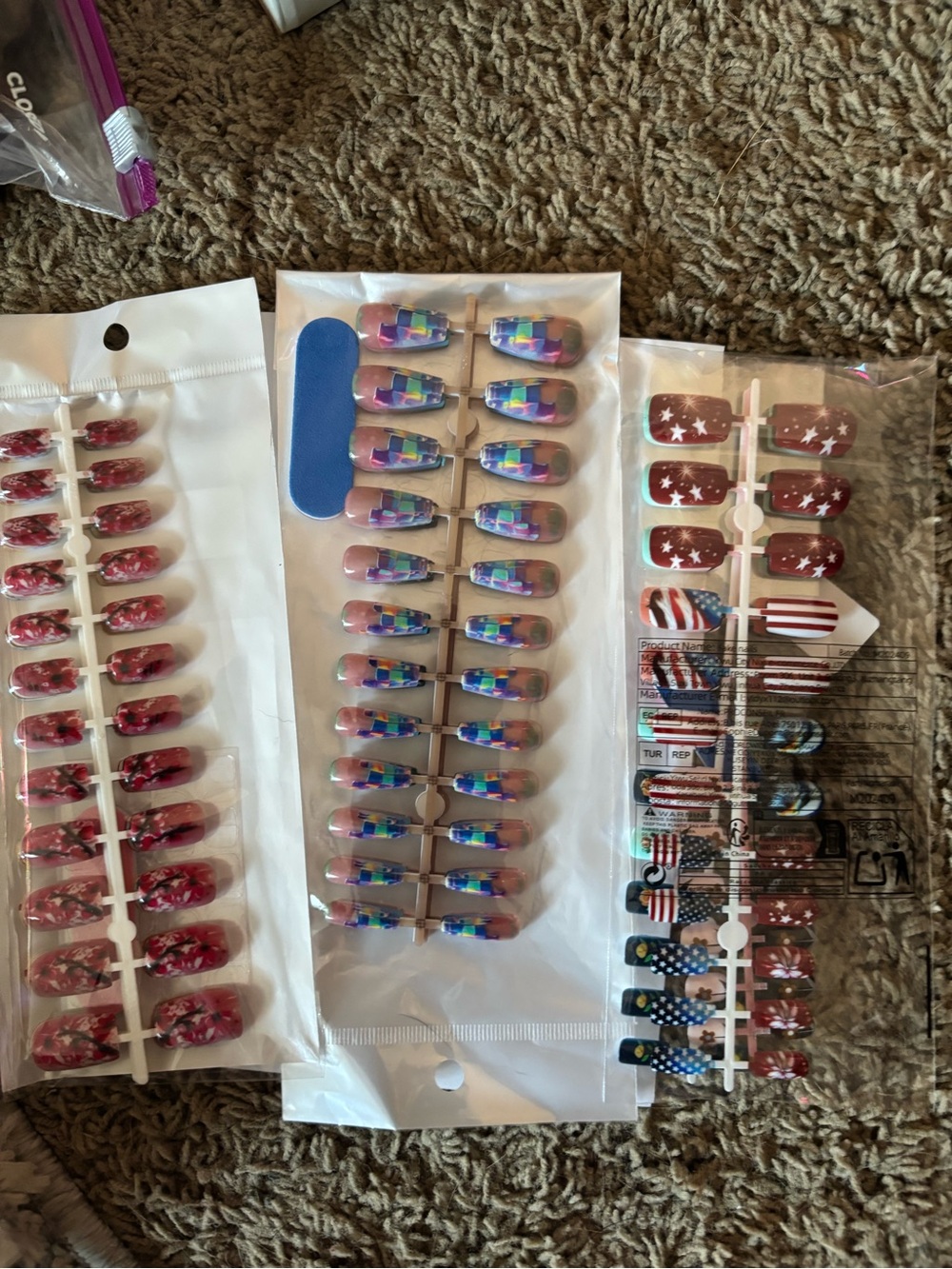 Vibrant Multi-Design Women’s Press-On Nail Set - Blue, Purple, Red, White